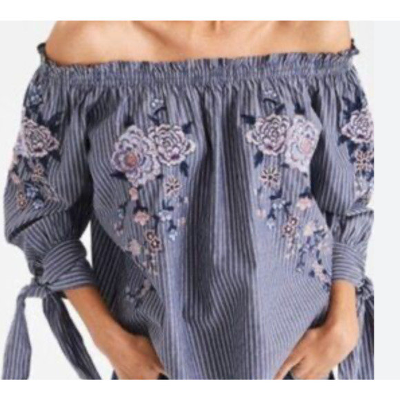 American Eagle embroidered stripe Loose Peasant Boho Coastal off shoulder top S - Picture 1 of 10